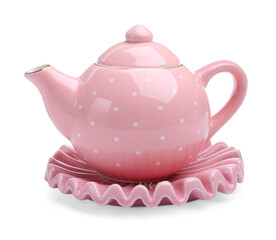 Beautiful pink teapot isolated on white. Child's toy