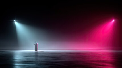 Illuminated Podium with Blue and Red Spotlights in Dark Room Elegant White Podium on Glossy Floor with Dramatic Lighting Speech Ready