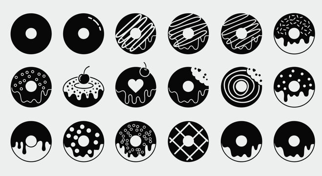 A collection of black and white donut illustrations with various toppings and designs, presented in a grid format.