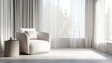 Fototapeta premium Minimalist interior with an off-white armchair and wooden side table holding a cup,