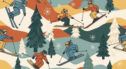 Vintage Ski Resort Pattern with People Skiing.