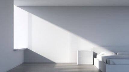 Obraz premium A minimalist bedroom with white walls and natural light, featuring a wooden floor, a bed with thin bedding,