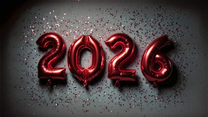 Glossy Red 2026 Number Balloons with Faint Confetti on Matte Charcoal Party Celebration Background
