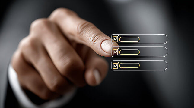 Digitial Touch of Perfection: A close-up shot reveals a hand confidently interacting with a digital checklist, symbolizing control, focus, and decisive action, with a sleek, modern aesthetic.