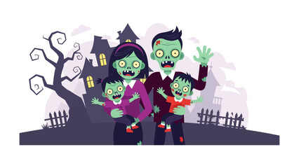Spooky Family Illustration: A playful illustration captures a zombie family with their children celebrating Halloween, showcasing fun, spooky vibes.