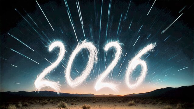 Meteor Shower Light Trails Forming 2026 over Desert Silhouette with Horizon Glow Night Sky Background