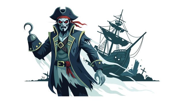 Sinister Buccaneer: A formidable pirate, complete with a menacing hook and an impressive vessel in the background, embodies a world of swashbuckling adventure, adventure illustration. 