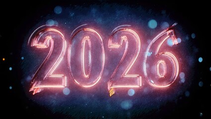 Thick Outlined Neon 2026 with Pink Glow on Dark Gradient Festive Retro Futuristic Background