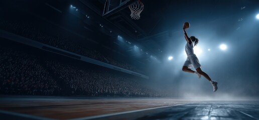 Dynamic basketball player leaps to perform a slam dunk in a vibrant sports stadium, embodying athletic skill and sports enthusiasm.