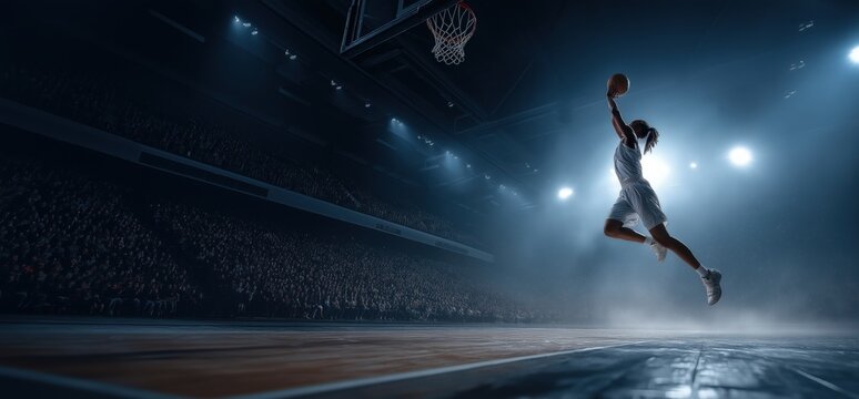 Dynamic basketball player leaps to perform a slam dunk in a vibrant sports stadium, embodying athletic skill and sports enthusiasm.