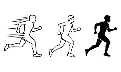 Vector art of three running man icon showing motion with speed lines, outline and solid black