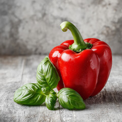  red bell pepper of perfect shape with beautiful green stem and basil leaf