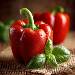  red bell pepper of perfect shape with beautiful green stem and basil leaf