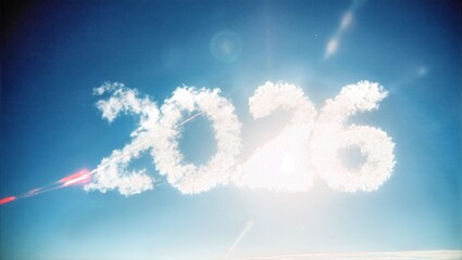 Fototapeta premium Rocket Trails Forming 2026 in Fluffy Clouds against Bright Blue Sky with Sun Glare Aerial Background