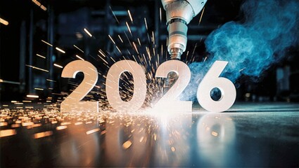 Robot Arm Throwing Sparks around Steel 2026 on Factory Floor Industrial Manufacturing Background