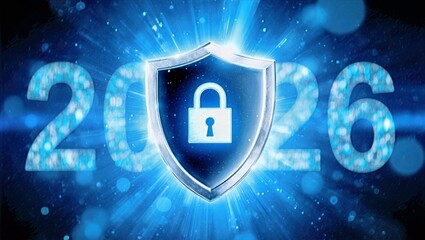 Metallic Shield with Lock Icon and Glowing 2026 on Cool Blue Cybersecurity Technology Background