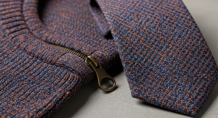 Textured Fabric Zippered Sweater and Necktie Combination Close Up