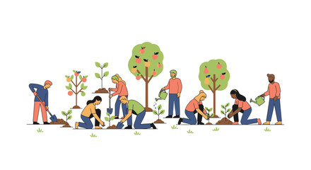 Fototapeta premium People planting trees and seedlings in a field on a sunny day.