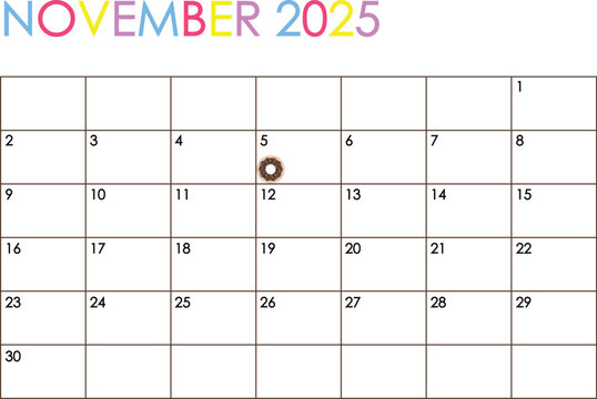 November 2026 month calendar. Simple colorful design with doughnut marking National Donut Day on November 5 day