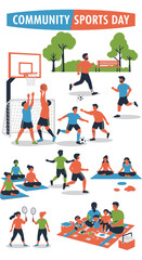 Community sports day illustration with people playing various games in a park.