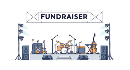 Stage with musical instruments and lighting for a fundraiser event illustration.