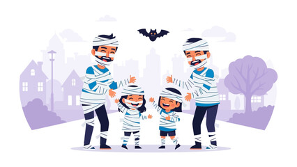 Family Halloween Fun: A cheerful family, playfully dressed as mummies, enjoys a whimsical Halloween scene, with a bat silhouette overhead, against the backdrop of a cartoonish neighborhood.  