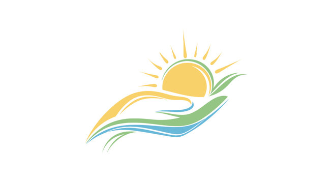 Graphic of hand holding sun rays water concept logo design element.