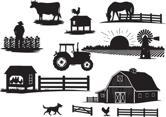 Naklejka premium A Vector Collection of Farm and Agriculture Silhouettes with a Barn, Tractor, Farmer, and Animals