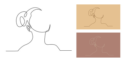Continuous one line drawing of a woman with hair bun looking up. Minimalist female portrait outline vector, elegant modern design for beauty, hairstyle, fashion, and feminine art illustration.