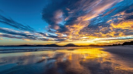 Fototapeta premium Wet sand reflects vibrant orange, yellow, blue, and purple hues from the sky with gentle waves lapping the shore,