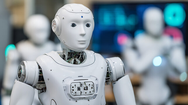 Humanoid robot with visible internal mechanics in a laboratory setting