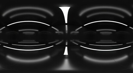Symmetrical panoramic rendering of futuristic black hall illuminated by white neon