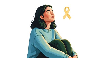 Illustrative artwork of a calm woman, eyes closed in peace, with a yellow ribbon for hope.