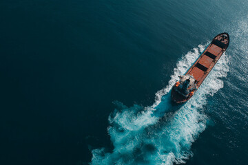 Cargo ship sailing at sea, viewed from above, deep blue water, global trade concept