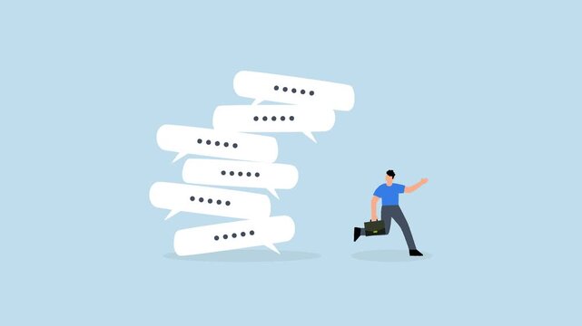 Communication overload, frustrated entrepreneur flees from toppling pile of virtual speech bubbles