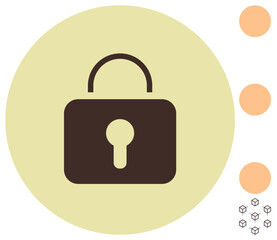 Lock icon inside yellow circle with orange dots and cube graphics around. Ideal for security, privacy, protection, encryption, safety, restricted access, safe systems. Simple flat metaphor