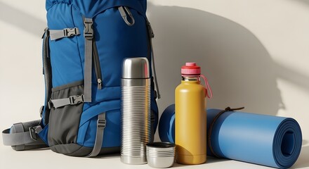 Camping essentials arranged against a neutral backdrop, ready for an outdoor adventure.