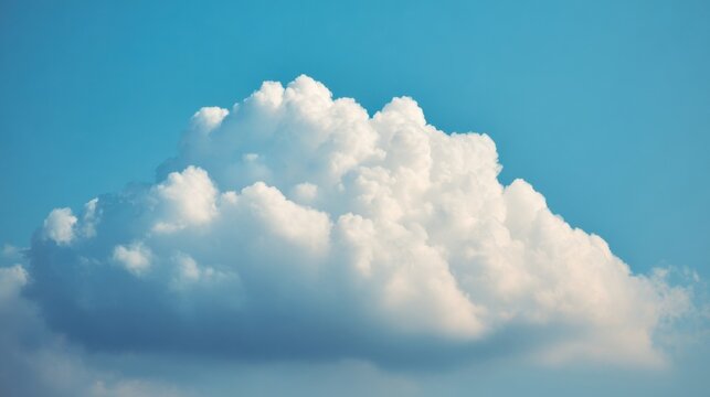 A large fluffy cumulus cloud floats against a clear blue sky with layered sections illuminated by bright sunlight creati