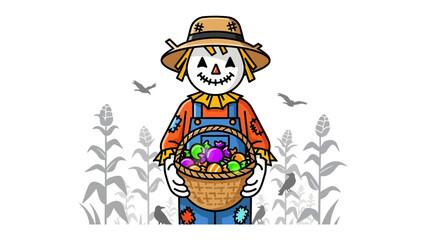 Autumnal Sentinel and Bounty: A charming scarecrow stands amidst a vibrant harvest of autumn produce, offering a welcoming scene of seasonal abundance and rural simplicity. 