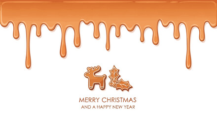 Sweet holiday greetings with dripping caramel border and festive gingerbread reindeer and holly © Qinanti Studio