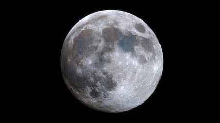 Obraz premium The full moon shines brightly against a dark sky, showcasing detailed craters and lunar maria illuminated by sunlight.