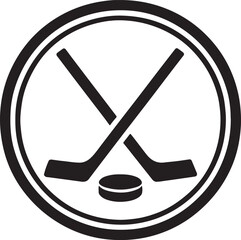 Simple Hockey Still Life Two Sticks Crossed Above Puck Depicted with Bold Black and White Graphics for Sport Themes