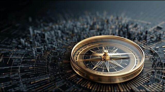  Navigational Compass of Exploration: A detailed compass rests on a stylized, abstract cityscape, symbolizing direction, exploration, and the journey toward a specific objective.