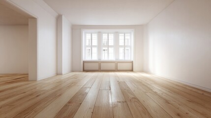 A minimalist interior room with light wooden flooring, neutral walls,