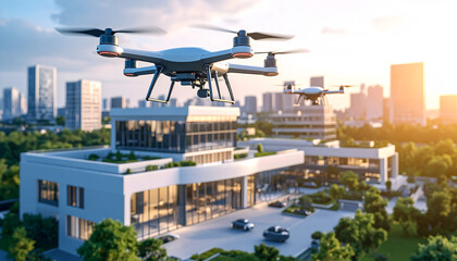 Aerial view of a smart hospital with drone-based emergency delivery system in action