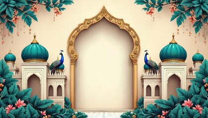 Mughal wedding card design featuring peacock, garden archway. Traditional Indian architecture with dome. Vintage decorative frame, floral ornament, arch door for greeting invitation celebration in