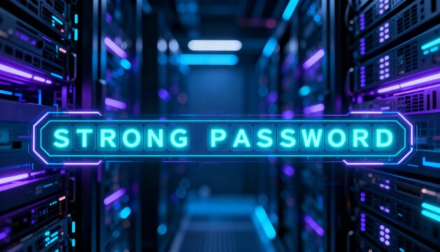 A vibrant glowing password field with a "STRONG PASSWORD" being entered, in a futuristic server room environment
