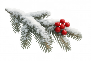Spruce tree branch with snow and red berries, symbolizing winter holidays, celebration, and festive cheer