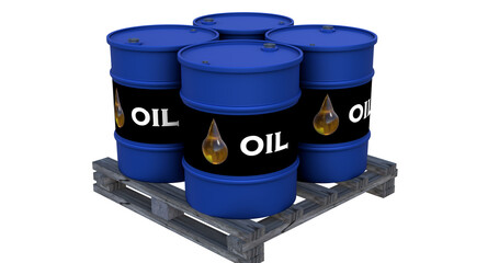 Blue oil barrels with black labels, golden oil drop icons, and the word OIL, placed on a wooden pallet. 
