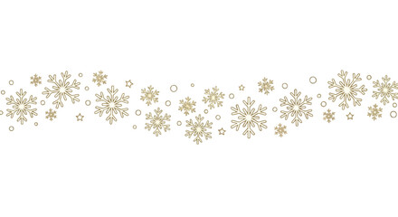 Elegant golden snowflake border on a white background, featuring various sizes and intricate designs for a festive winter decoration.